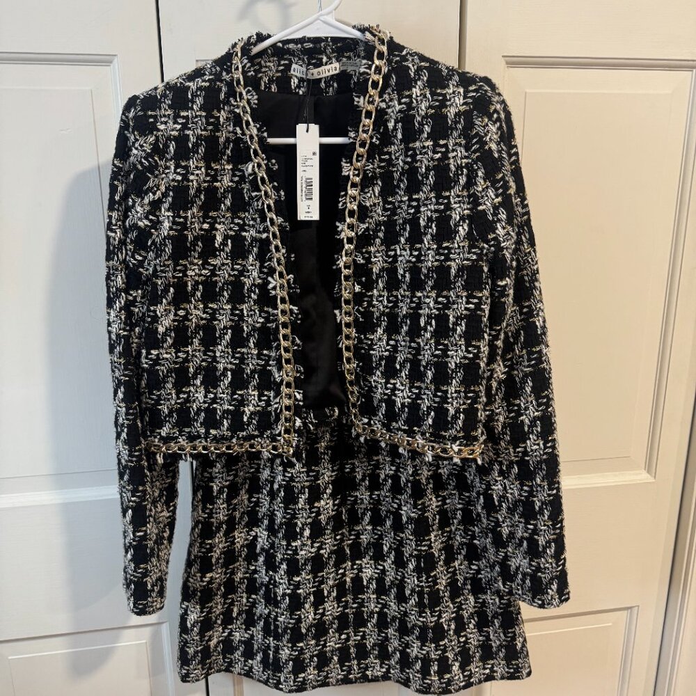 Alice and Olivia Cropped Tweed Metallic Tweed Dress & Jacket -Black/White/Gold